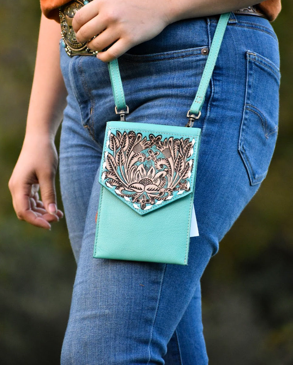 Prairie Star Petite Hand-Tooled Bag in Teal