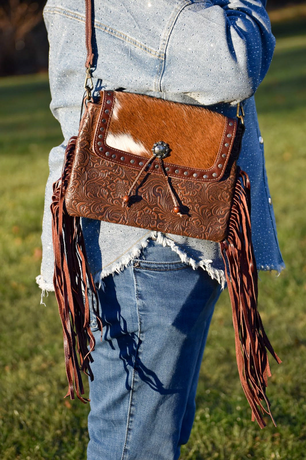 Carved Blossoms Leather and Hairon Bag